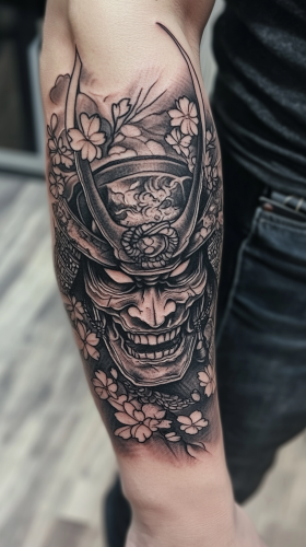 Samurai Hannya Mask Tattoo Design with Skull Outline
