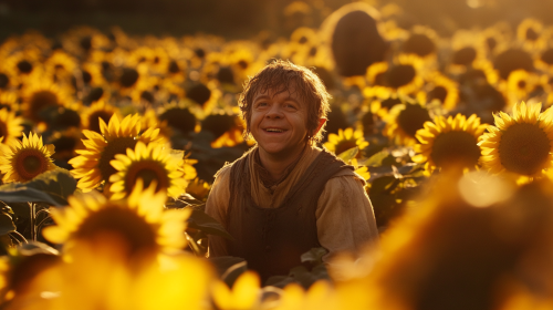 Samwise Gamgee standing in sunflower field, smiling warmly.