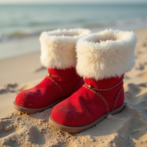 Santa's Boots Left on Sandy Beach