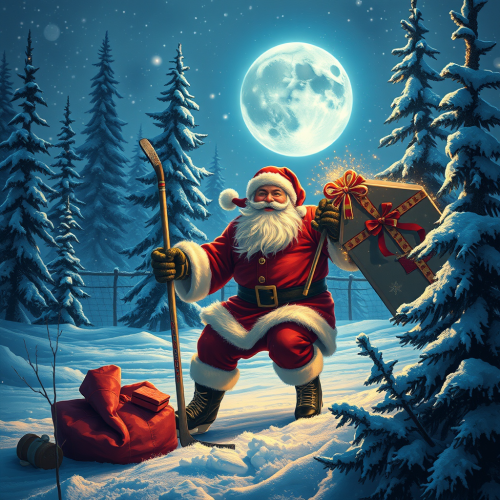 Santa's sleigh with hockey equipment for delivery.