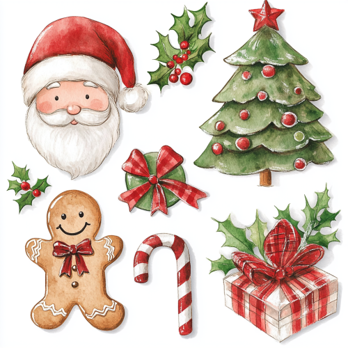 Santa, Gingerbread Man, Gifts and Holly Clipart