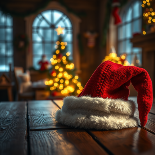 Santa Cap on Old Table with Blurry Christmas Scene