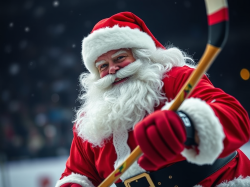 Santa Claus Enjoying a Game of Hockey