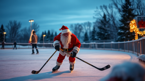 Santa Claus Plays Hockey on Evening Skating Rink
