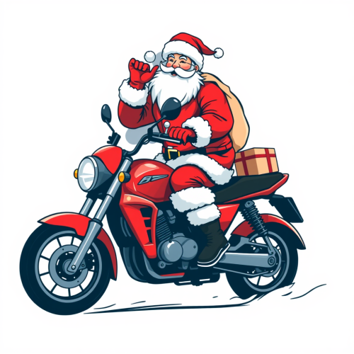 Santa Claus Riding Red Motorbike with Gifts