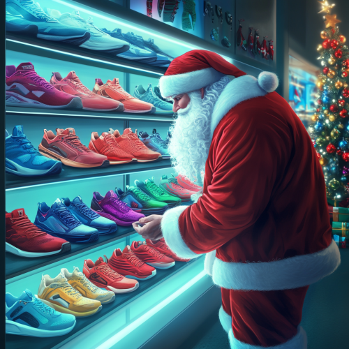 Santa Claus Shopping for Sneakers in Modern Showroom Santa Claus Shopping for Sneakers in Modern Showroom