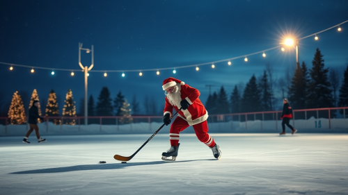 Santa Claus playing hockey on skating rink at dusk