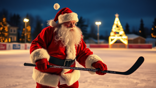 Santa Claus plays hockey on a skating rink.
