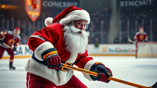 Santa Claus plays hockey on ice rink.