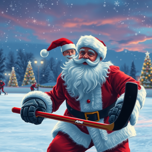 Santa Claus plays hockey on skating rink at night.