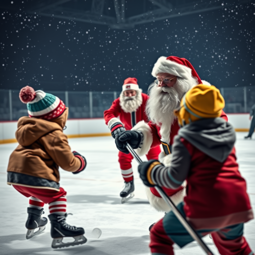 Santa Claus plays hockey with kids on ice.