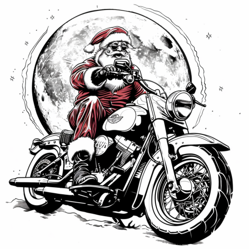 Santa Claus rides motorcycle under full moon