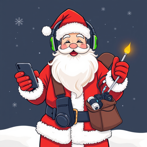 Santa Claus with gadgets for Christmas selfies.