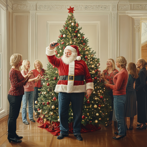 Santa Decorating Christmas Tree with Elegant Women