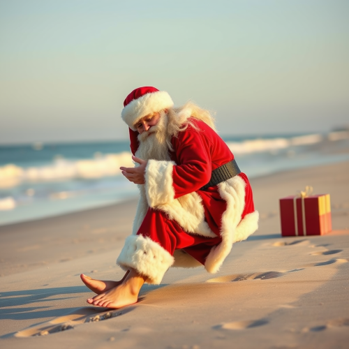 Santa Without Shoes on a Sandy Beach