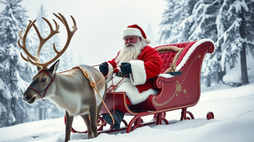 Santa and Reindeer on Sleigh in Snowy Forest