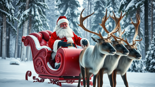 Santa on Sleigh with Reindeer in Snowy Forest