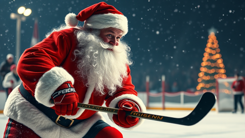 Santa plays hockey with reindeer at North Pole.