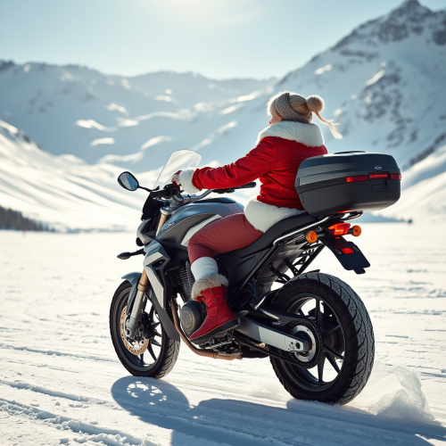 Santa rides fast motorbike in snow, leads avalanche.