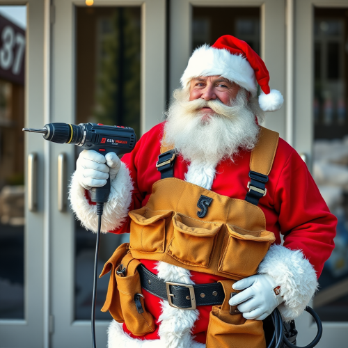 Santa with Tool Belt and Drill by Glass Doors