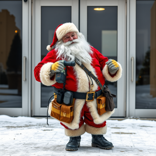 Santa with Tool Belt and Drill by Glass Doors