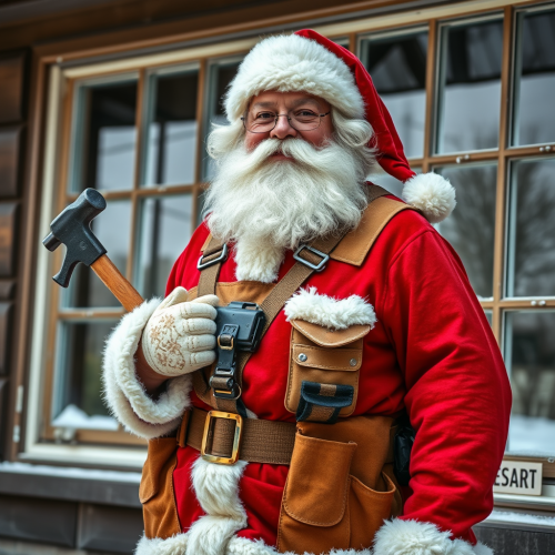 Santa with Tool Belt and Hammer near Windows