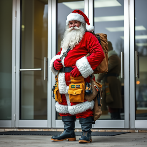 Santa with Tool Belt in Front of Glass Doors