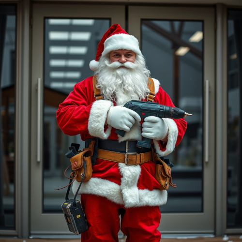 Santa with a Drill and Tool Belt by Glass Doors
