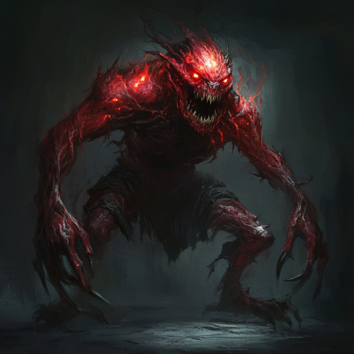 Savage Subterranean Warrior with Red Skin and Glowing Eyes