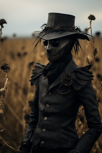 Scarecrow doll in field with evil crows.