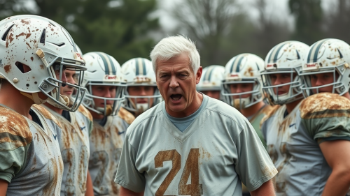 Scared high-school football players look at coach angrily.