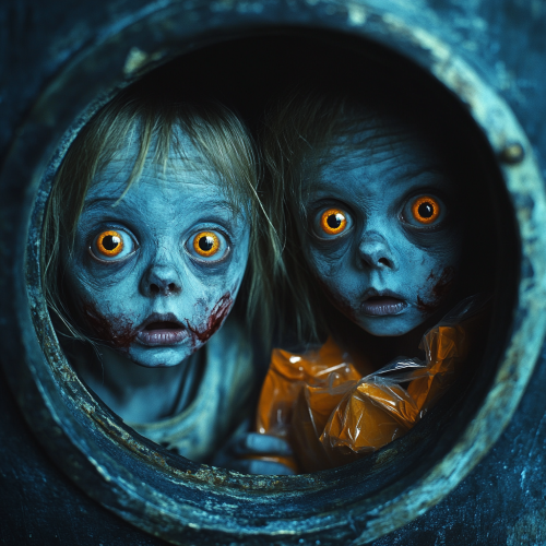 Scary ghost children trick or treating at night