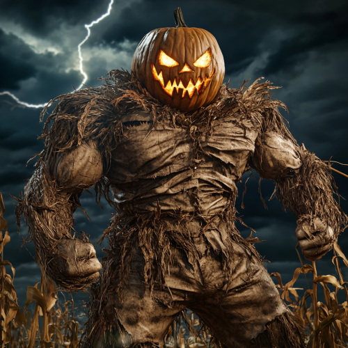 Scary giant scarecrow guards the spooky autumn field
