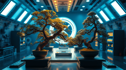 Sci-Fi Lab with Bonsai Plants and Time Travel Watches