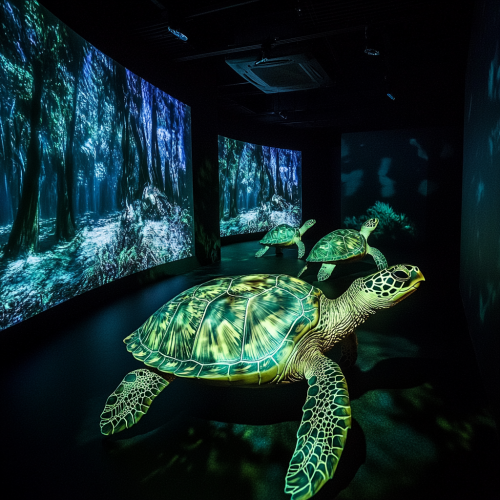 Sea turtles in Michoacán room show ecosystems with projections.