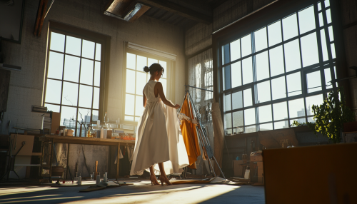 Seamstress adjusting dress on woman for Vogue photoshoot