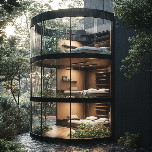 Sectional view of cabin with circular glass room. Inside: garden, 3 stories, bunk beds. Sectional view of cabin with circular glass room. Inside: garden, 3 stories, bunk beds.
