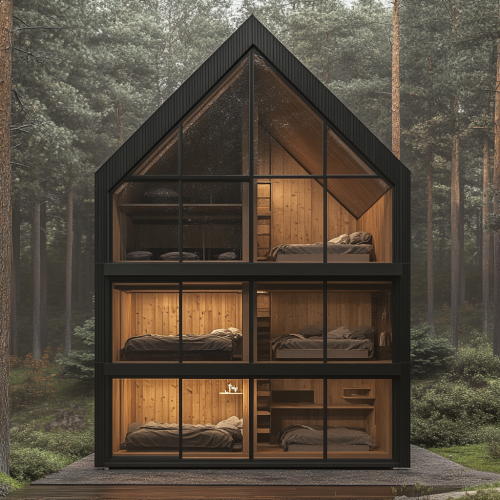 Sectional view of modern black wood cabin. Small open garden, bunk beds, A shape roof.