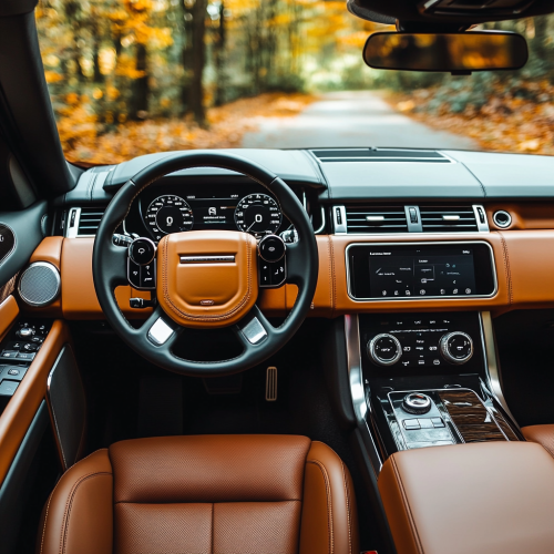 Selfie-style view of Range Rover Sport's interior, rich leather.