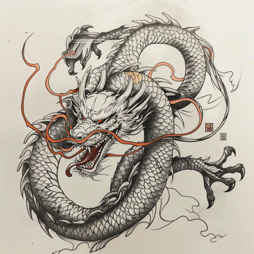 Sepia Dragon Tattoo with Red Eyes on White