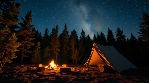 Serene Campsite with Rustic Tent Under Starlit Sky Serene Campsite with Rustic Tent Under Starlit Sky