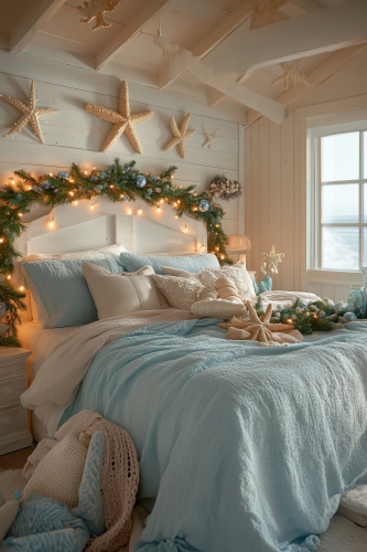 Serene Coastal Christmas Bedroom Decor in Blue Tones