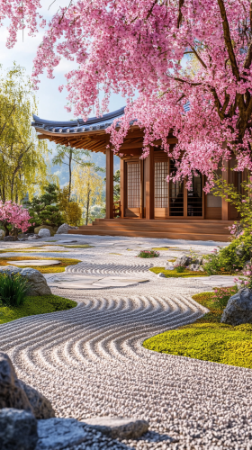 Serene Japanese temple with weeping cherry blossom tree