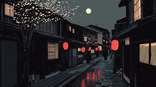 Serene Japanese village night scene in woodblock print.