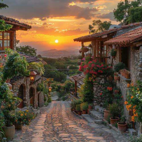 Serene Sunset Rural Mexican Village Cobblestone Streets Serene Sunset Rural Mexican Village Cobblestone Streets