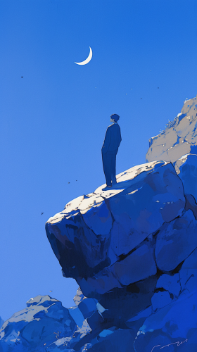Serene man in blue sweater gazes at moon on mountain. Serene man in blue sweater gazes at moon on mountain.