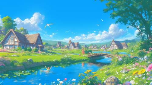 Serene village fantasy scene with children playing dragonflies