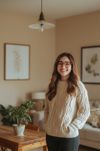 Woman in mid-20s poses in Scandinavian room.
