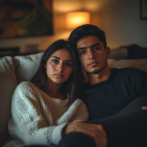 Serious Latina woman contrasts happy boyfriend at home