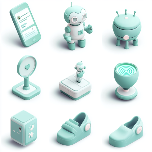 Set of 3D icons for presentation: Restaurant, Robot, Smart Home.